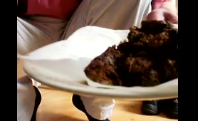 Mature Man Shits on a Plate in Living Room