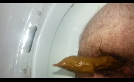 Hairy Guy Squats Over Toilet and Shits While Pissing
