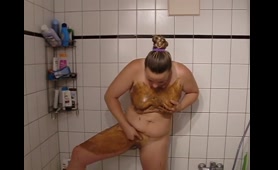 Blonde Woman Spreads Shit on Her Body in the Bathroom